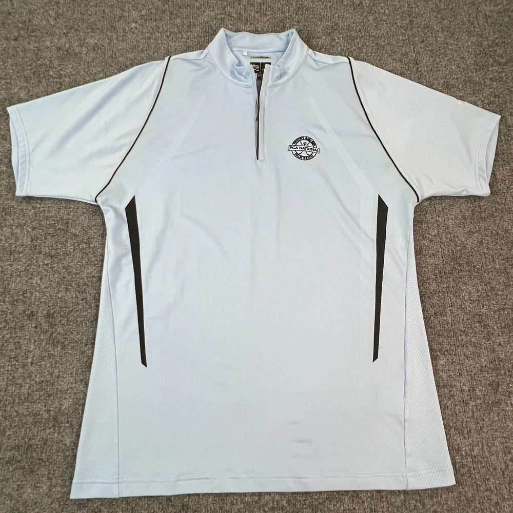 adidas Polo Shirt Mens Medium Blue PGA National Golf Florida Zip Climacool Golf